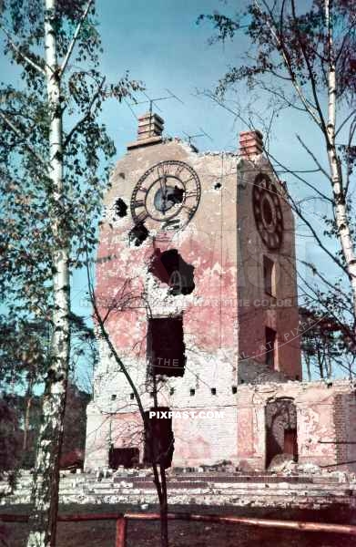   Destroyed Golfclub Clock Tower in Berlin Wannsee 1946. Golf club used by the American army until 1991