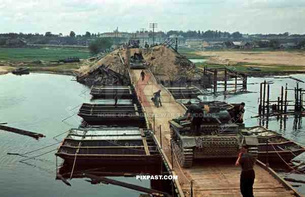 3rd Panzer Division Panzer 3 Tanks crossing makeshift pontoon war bridge, Beresina River, August 1941