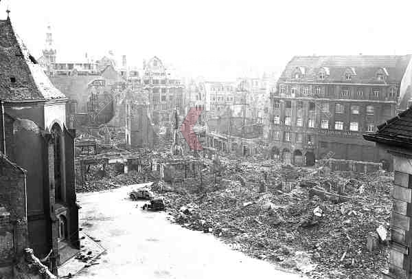 69th infantry division - Leipzig - Germany - 1945 St Thomas Church, view from office, ruins, cars, rubble