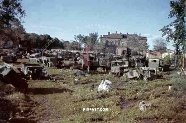 A scrap yard of destroyed German army vehicles. Near Orel Russia 1941.
