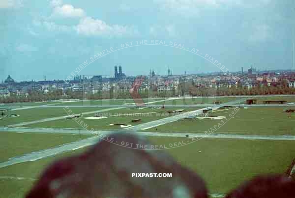 A View of Munich City from the Bavaria Statue / Theresienwiese being used as anti-aircraft Flak base. Munich Germany 1942