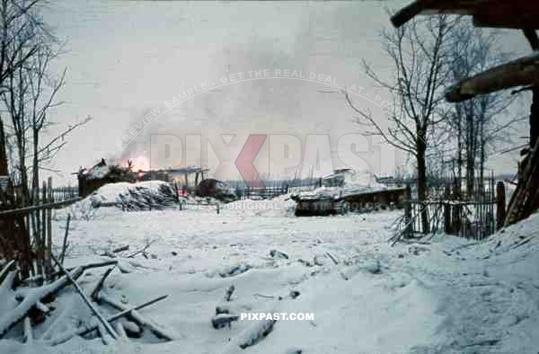Abandoned panzer tank 3 in snow camo, Russian winter, 1943, burning village, 207th Infantry Division Wehrmacht,