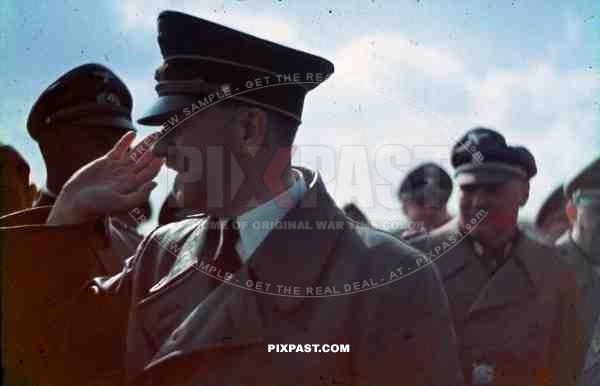 Adolf Hitler in hat jacket with ss bodyguard Johan Rattenhuber Ukraine airport 1941 summer
