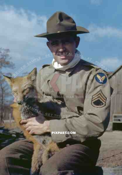 American Army AirForce  training instructor with USAF Army Campaign Hat and mascot pet Fox. Larson Air Force Base 1942