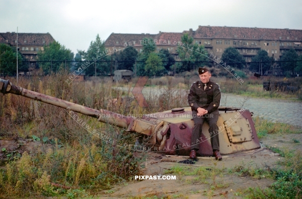 American soldier sitting on Panzer 4 camouflage turret in  Tiergarten Berlin Germany 1945 / 1946