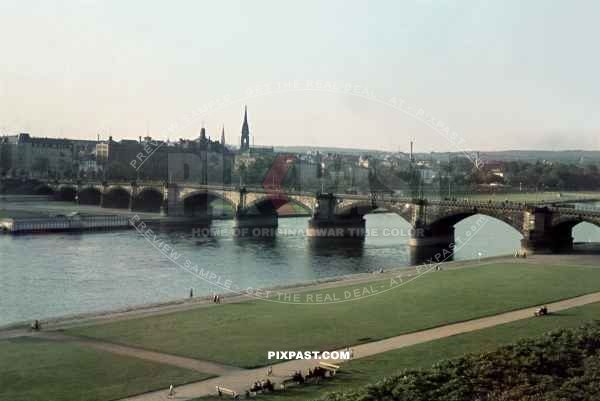 Augustusbrucke Bridge Dresden Saxony Germany 1939. Direction Altstadt over the Elbe River