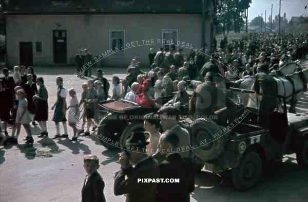 Austria 1945 Cardinal Innitzer in horse cart with American GI 1 star General Willy Jeep Church Parade