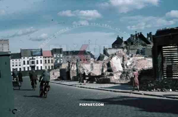 Belgium 1945 color Bombed Destroyed City bikes carts
