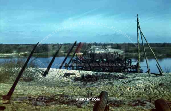 Blown up Russian wood bridge. Russian front 1942