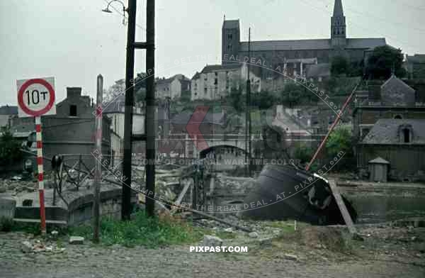 bombed bridge ship church french town france 1940