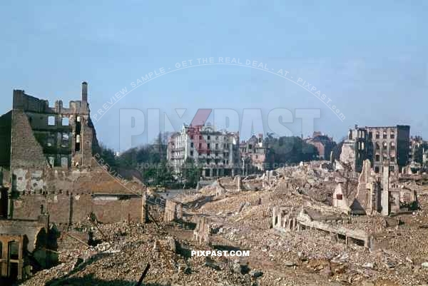 Bombed ruins surrounding Hotel Schirmer on Kasseler Scheidemannplatz. Kassel Germany September 1944
