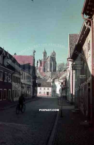 Breisach Germany 1939, Specktor and Munster Church, bike rider, shops