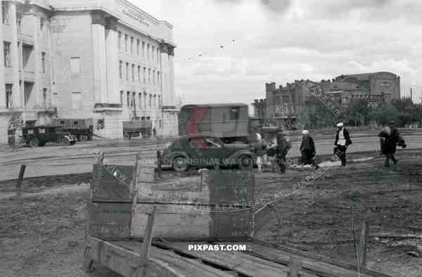 BW German wehrmacht truck car van parking lot supply depo civilians russia town 1942