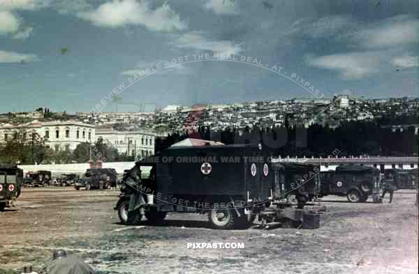 captured British ambulance trucks, Thessalonik, Greece 1942