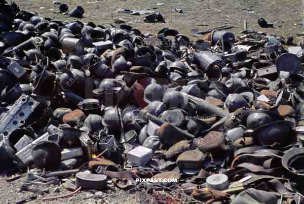 Captured French army helmets and military personnel equipment near French Coast France 1940.