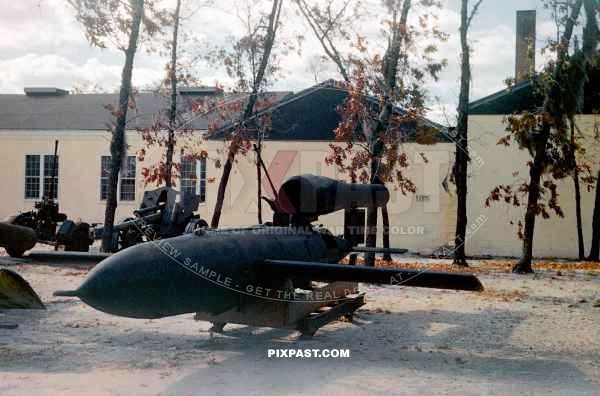 Captured German V-1 flying bomb 7 buzz bomb in an US Army facility for testing captured German equipment 1945.