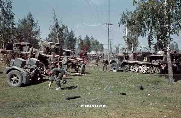 Captured Russian Artillery cannons and destroyed German half track, 3rd Panzer Division, Beresina 1941.