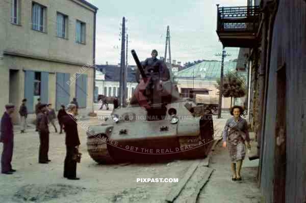 Captured Russian early production T34 Soviet medium tank  in Krag / Krangen / Kr. Schlawe Germany 1941. Later Poland.