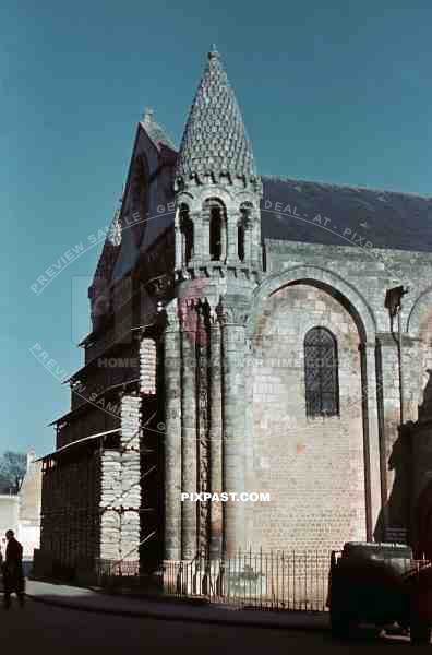 Church Notre Dame la Grande, Poitiers France 1940. Sand Bags ready for Blitzkrieg