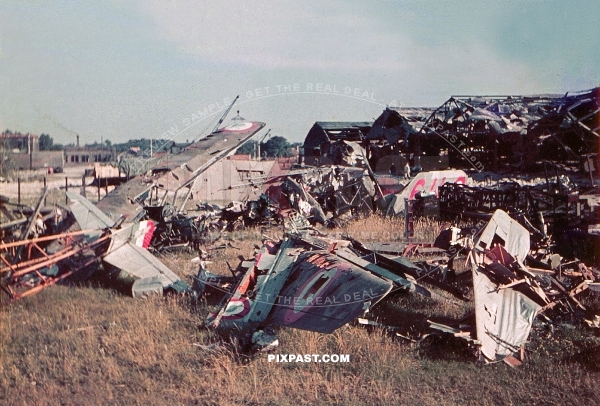 Collection of destroyed french fighter aircraft in french air base. June 1940 France