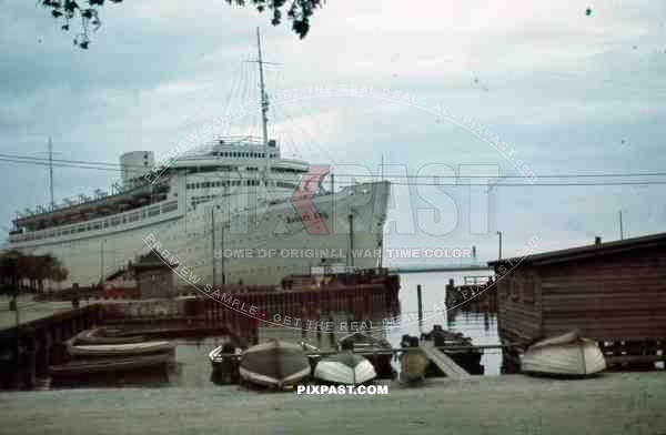 Cruiser Robert Ley, KDF, Ship docked in small harbour, Northern Germany. 1941.