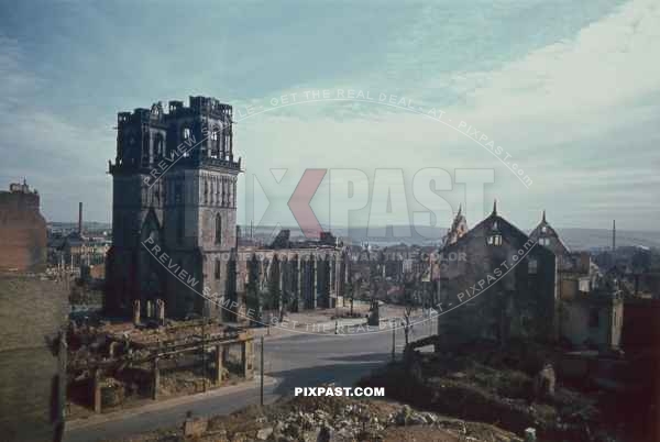 Destroyed / Bombed ruins of Kassel in Hessen Germany June 1944. Church St Martin, Martinskirche
