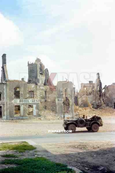 Dodge WC-57 Command Car. Church Ruins St. Lo Normandy. 166th Signal Photographic Company June 1944
