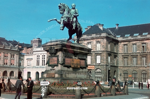 Equestrian statue of Emperor Napoleon I in Rouen France 1940. Wehrmacht Feld Kommandantur
