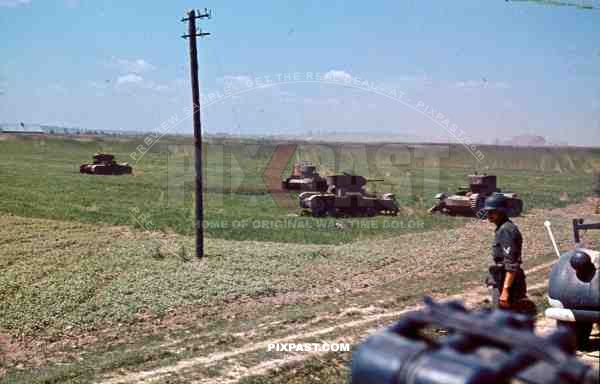 Field of Captured Russian T-26 panzer tank, summer 1941, 103 Schutzen Regiment, 14th Panzer Division. Russia.