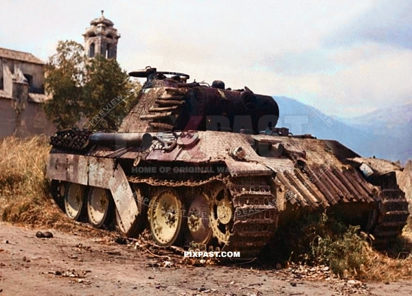 Fifth Army, Torre Tre Ponti Area, Italy. Destroyed "Tiger" [Panther MK V] Tank, Route 7, Just outside of Torre Tre Ponti