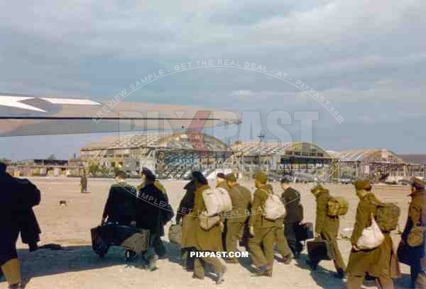 French POW soldiers being flown back home. Wunstorf Flugplatz Military Airport 1945