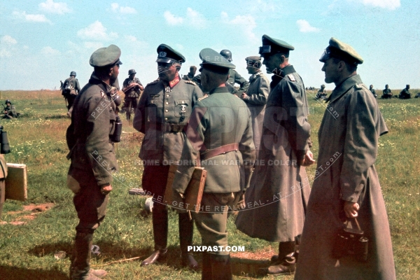 Generaloberst Adolf Strauss and Generaloberst Richard Ruoff inspecting Infantry and Artillery officers. Ukraine 1942
