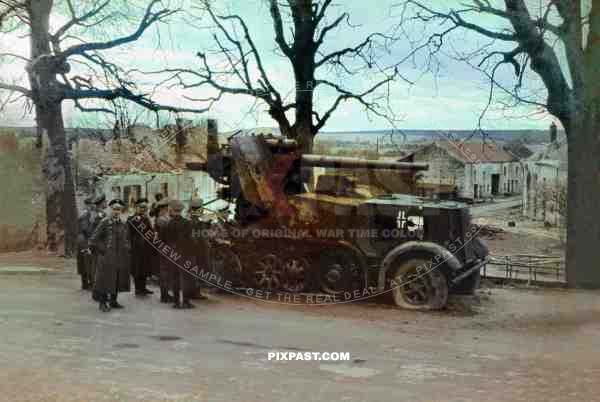 German 88mm Flak cannon mounted on Half-track. Destroyed by friendly fire. Stuka attack. Chemery-sur-Bar France 1940