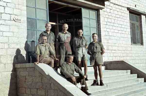 German Afrika Korp military medical doctors, beside Laboratory, Tunisia, 1942. Tropical uniform.