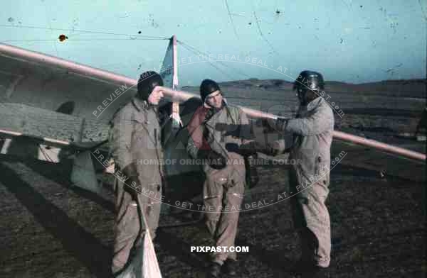 German Airforce Luftwaffe glider pilots trainning together with glider plan in Lubeck airport 1943