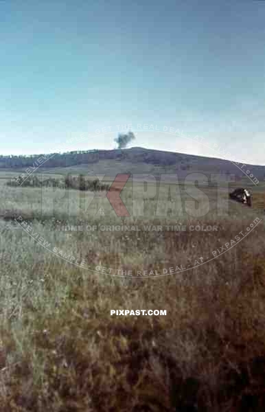 German armoured car fires on Russian army position, Ukraine, 1942, 22nd Panzer Division.