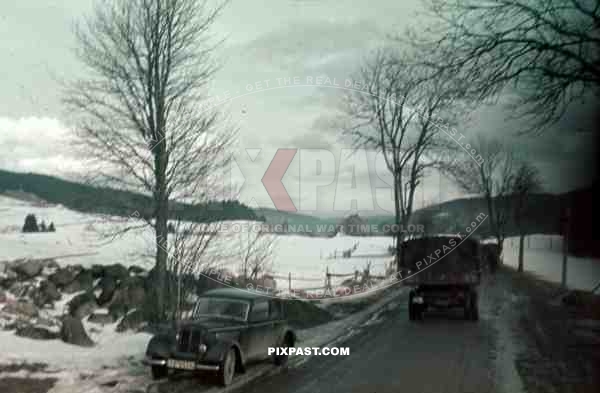 German army truck car driving in winter 1939, Street to Titisee Lake, Baden Wurttemberg, 14th infantry division.