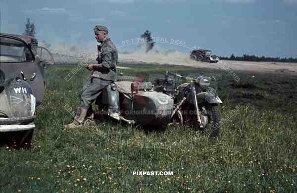 German BMW R12 Motorbike with sidecar, Military Messengers, Kradmelder, 3rd Panzer Division. Beresina 1941.