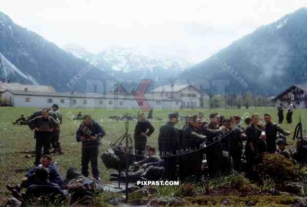 German captured POWs in make shift camp beside village Ruhpolding Bavaria 1945. Taken by 101st Cavalry Regiment