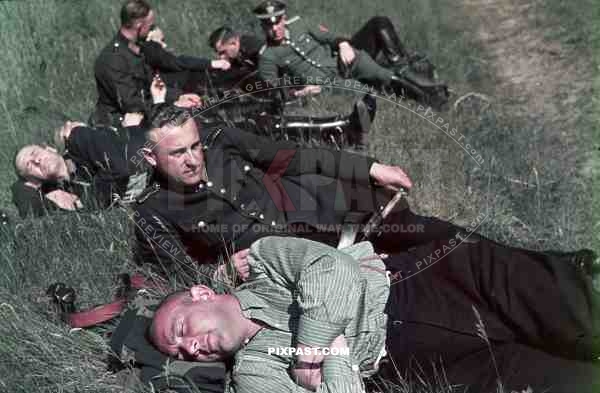 german field police sleep in hay field after trainning eqipment black uniforms 1939