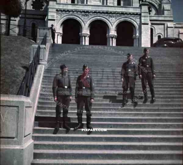 German flak soldiers steps of Church Cathedral Sacre Coeur Paris France 1940 tourists.