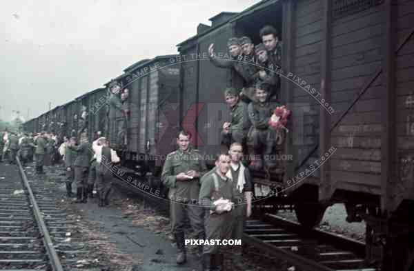 German infantry boarding train transport Russian front Operation Barbarossa Poland 1941 flowers