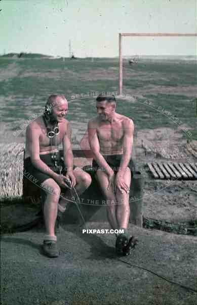 German Luftwaffe FLAK officers naked topless radio operator head set football trainning Thuringen 1939 3. Flak Abt. 701 