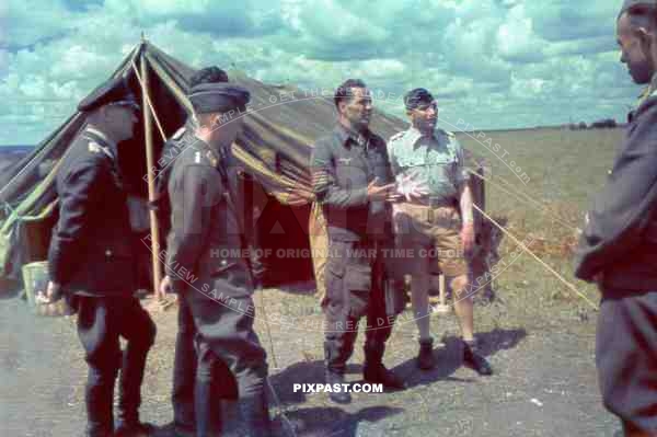 German Luftwaffe Knights Cross Winner Stuka Bomber Ace Johann Zemsky talks to stuka pilots near Stalingrad 1942