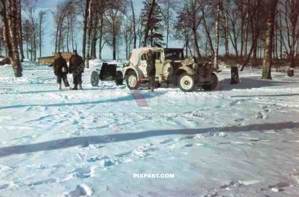 German PAK 3.7 cm PaK 36 Artillery crew with AdLer kubel near Rzhev Russia Winter 1942. 6th Infantry Division.
