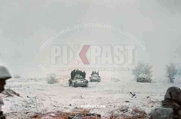 German Panzer 3 tanks used to transport infantry through ice cold Russian landscape, Russian winter end 1943.