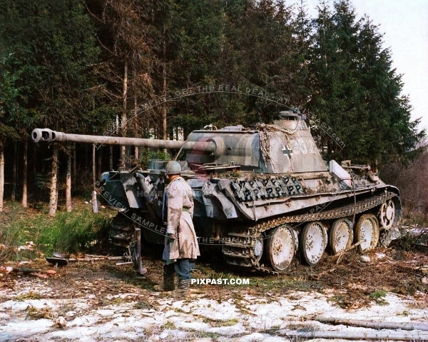 German Panzer Panther Ausf.G abandoned during the offensive of the Ardennes. Battle of the Bulge 1944.