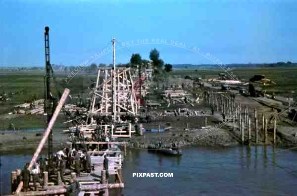 German Pioneer Construction unit building military bridge over the river Dnepr in Krementschuk, Ukraine 1942