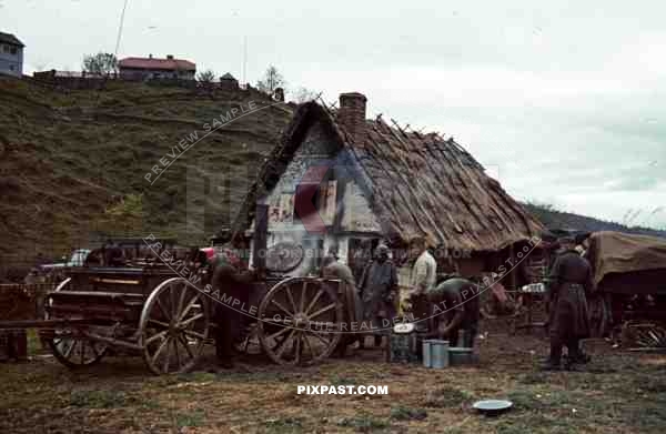 German red cross ambulance cavalry food cook supply unit mess Russian village spring 1942 canteen soup