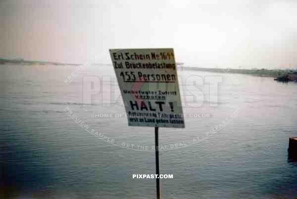 German road sign for blown up bridge over the Rhine May 1945 after Operation Plunder. Max 155 people allowed on bridge